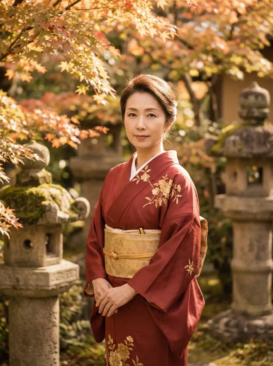 一位身穿暗红色和服的优雅 女人的滋味 在日式庭院中